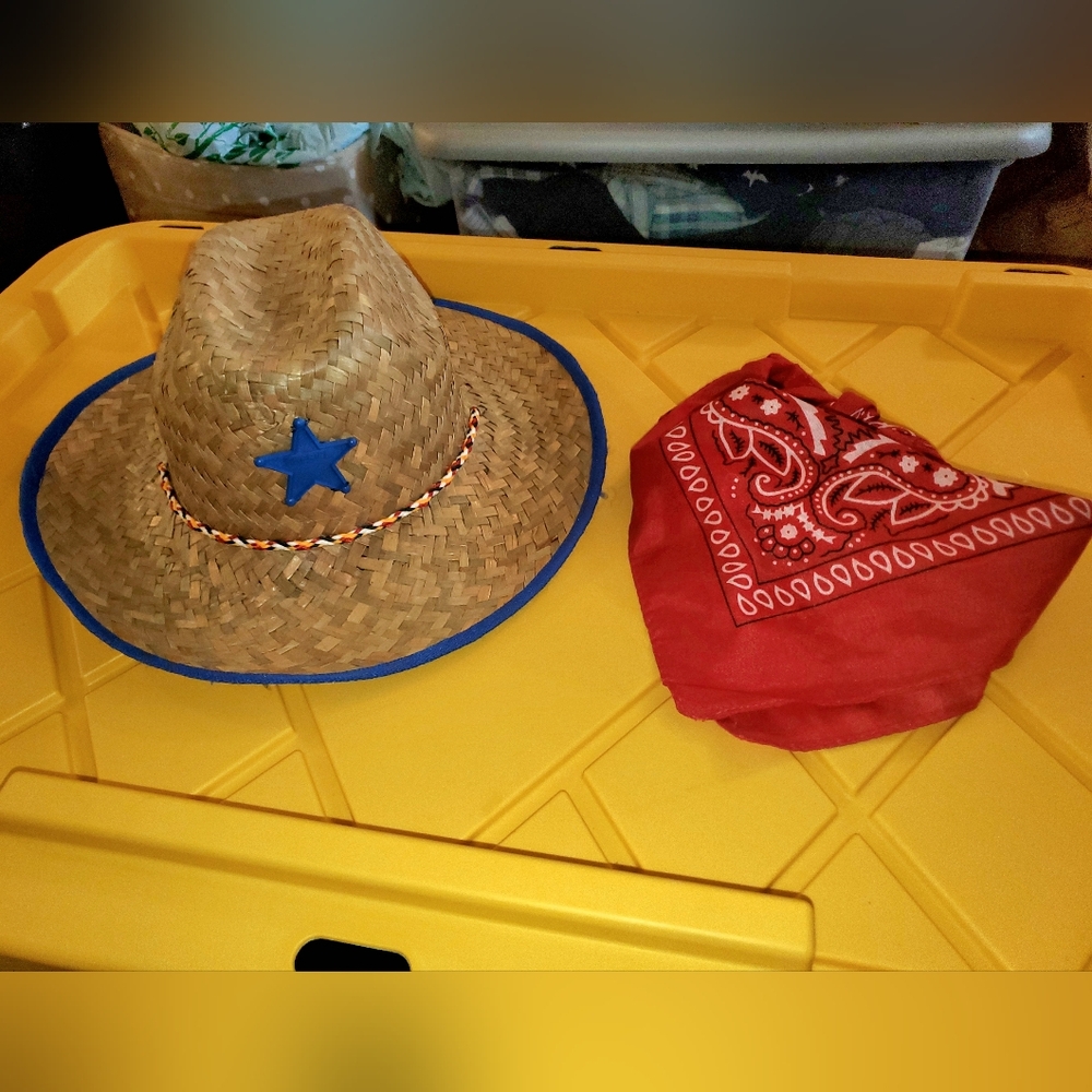 Kids Straw Sheriff's Hat with Blue Sheriff Star and Red Bandana